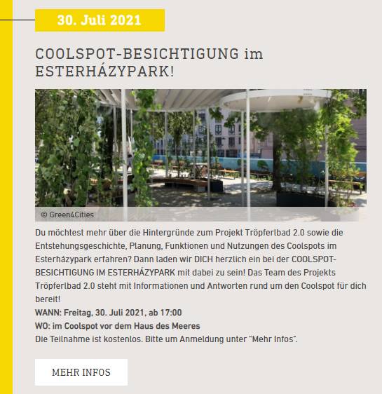 Tröpferlbad 2.0: Bewerbung der Coolspot Besichtigung im Esterházypark über Energy Transition 2050 (Klima- und Energiefonds)